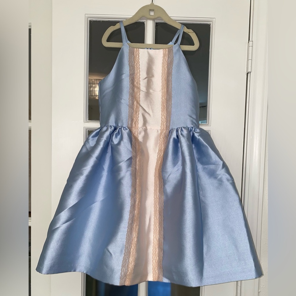 light blue, cream, gold knee length dress with lace (like new)